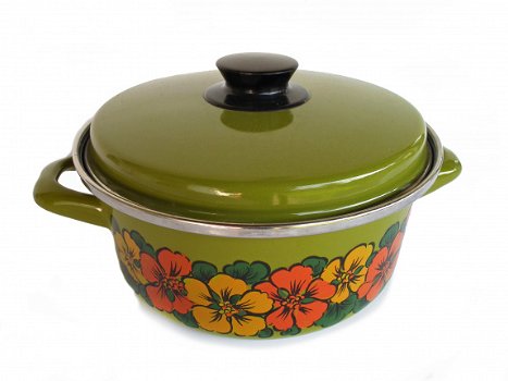 vintage groene pan met bloemmotieven - 0