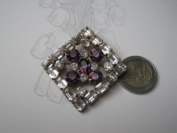 Broche bronskleurig punt care model met heldere en paarse kristal rijnstenen 5.5x5.3 cm - Afbeelding 4