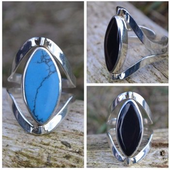 Zilveren ring met peruaanse turquoise en onyx - 1