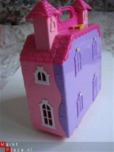 paars en rose uitklapbaar poppenhuis 29x25 cm met torentjes