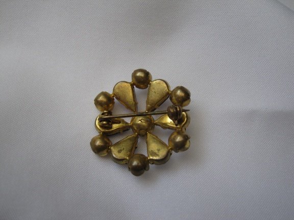 Broche antiek parelkraaltjes en blauw rijnsteen kristal 2.6 cm - Afbeelding 2