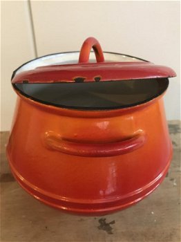 Bijzondere Vintage DESCOWARE oranje rode vlam geëmailleerde gietijzeren (stoof)pan FE Belgium - 7
