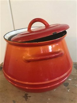 Bijzondere Vintage DESCOWARE oranje rode vlam geëmailleerde gietijzeren (stoof)pan FE Belgium - 8