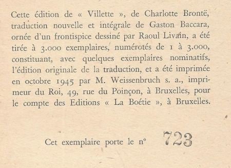 CHARLOTTE BRONTË**VILLETTE**EDITIONS LA BOETIE.** - 2