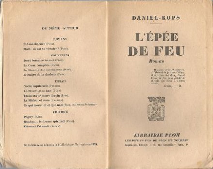 DANIEL-ROPS**L' EPEE DE FEU**SOFTCOVER**PLON-PARIS** - 2