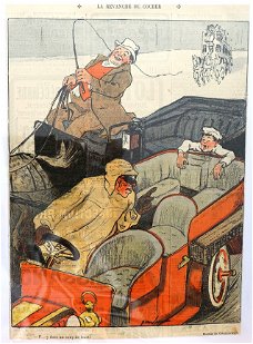 Prent Grandjouan [c.1900] Kleurenillustratie Auto Koets