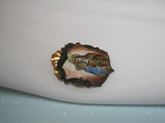 Broche antiek religie goudkleurig met emaille wapenschild model 3.1x2.5 cm. - Afbeelding 7