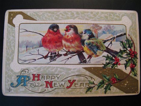 4 x Originele antieke wens kaarten Happy New Year - 1