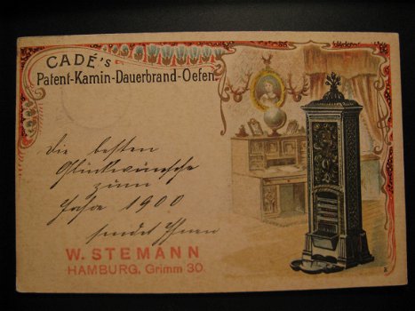Originele antieke ansichtkaart Cadé 's Patent-Kamin-Dauerbrand-Oefen 1899 - 1