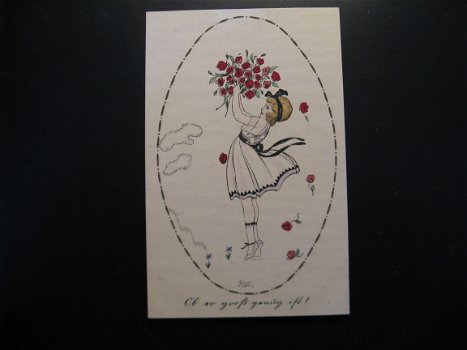 Originele vintage kaart jong meisje met bloemen, jaren 20 - 1