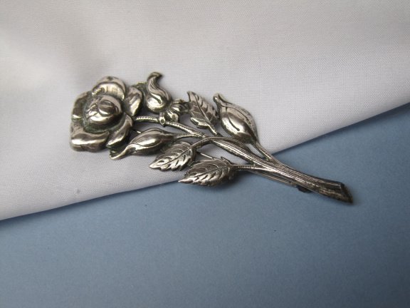 Zilveren broche antieke bloem model 8.1x3.0 cm. - Afbeelding 3
