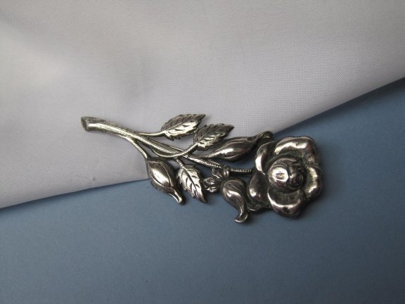 Zilveren broche antieke bloem model 8.1x3.0 cm. - Afbeelding 7