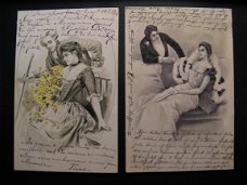 2 x Originele antieke ansichtkaarten dame en heer 1902 en 1904