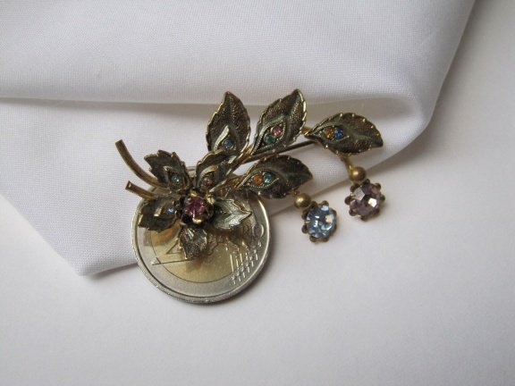 Broche goudkleurig blad bloemmodel gekleurde Oostenrijks kri - Afbeelding 4