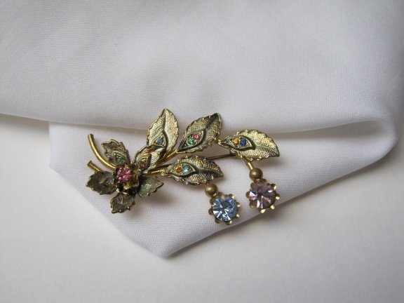 Broche goudkleurig blad bloemmodel gekleurde Oostenrijks kri - Afbeelding 6