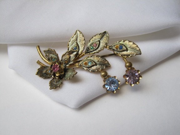 Broche goudkleurig blad bloemmodel gekleurde Oostenrijks kri - Afbeelding 7