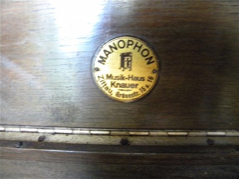 Oude tafelgrammofoon eiken merk Manophone speelt goed. - 5