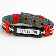 bedankt juf cadeau leren naam armband met decoratief rood  touw