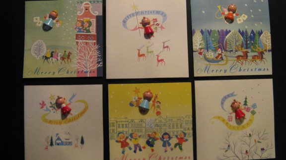 6 vintage kerstkaarten met envelop met half houten poppetje 