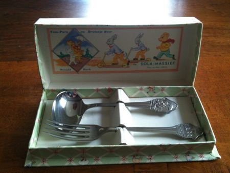 Sola geboorte-cadeau: Vork met lepel, Donald Duck..jaren '50 - 1