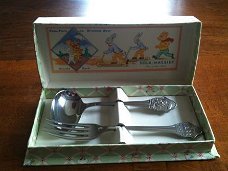 Sola geboorte-cadeau: Vork met lepel, Donald Duck..jaren '50
