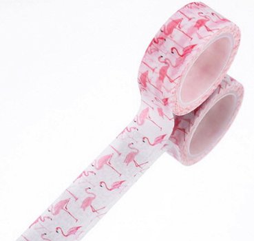 NIEUW Rol met 5 meter Washi Tape Flamingo's 1,5 cm breed. - 1