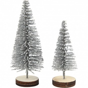 Kerstbomen set zilver 5 stuks miniaturen hobbymaterialen - 1