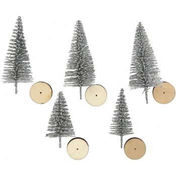 Kerstbomen set zilver 5 stuks miniaturen hobbymaterialen - 2