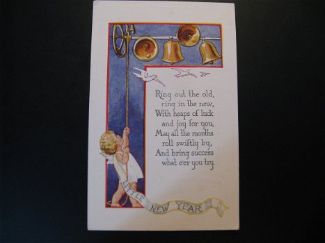 4 x Originele antieke wens kaarten Christmas, New Year, bloemenreliëfkaart - 1
