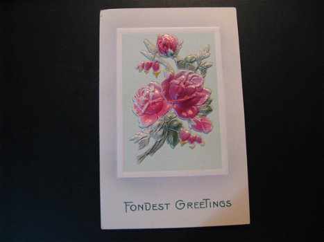 4 x Originele antieke wens kaarten Christmas, New Year, bloemenreliëfkaart - 2