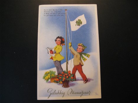 4 x Originele vintage kaarten meisje en jongen, Gelukkig Nieuwjaar - 2