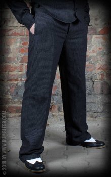 Uitverkoop, Rumble 59, Vintage loose fit pants Sacramento Striped Black, Wijde 50's broek. - 6