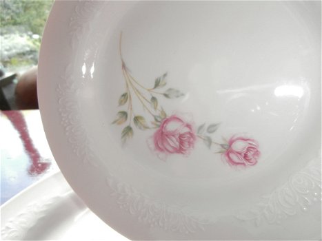 zes mooie porseleinen gebak bordjes in roze met roosjes deco - 1