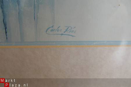 Aquarel in lijst met beschermplaat. Gesigneerd Carlos Rios. - Afbeelding 2
