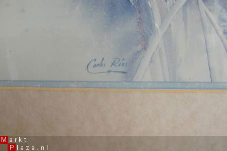 Aquarel in lijst met beschermplaat. Gesigneerd Carlos Rios. - Afbeelding 2