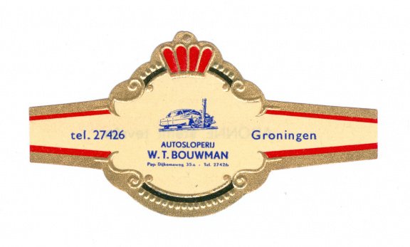 Abonné - Reclamebandje Autosloperij W T Bouwman, Groningen (zwarte boord, stemt tevrêe) - 1