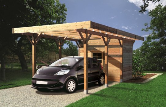 Tuinhuis-Blokhut carport combinatie (S7753): 3064 x 7064mm - 1