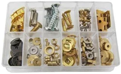 Handige klokkenmakers reparatiedoos met kleine onderdelen, assorti, in hardplastic meeneembox.