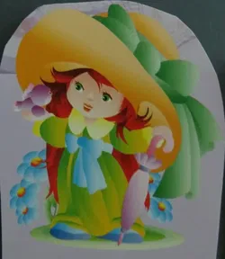 3D plaatjes --- KINDEREN --- MEISJE met een ORANJE-GELE HOED met een GROENE STRIK