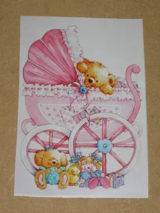 3D plaatjes --- BABY --- BEER LIGT in de ROZE KINDERWAGEN - Afbeelding 2