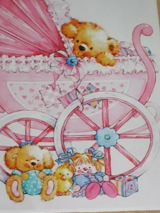 3D plaatjes --- BABY --- BEER LIGT in de ROZE KINDERWAGEN - Afbeelding 3