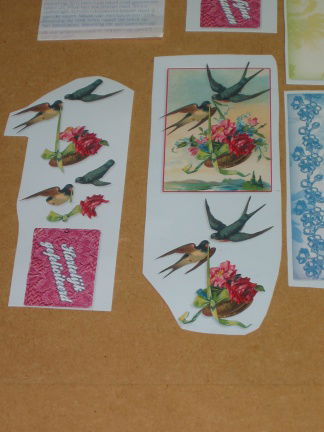 Vintage nr. 16 --- 3D SET voor WENSKAART --- 2 ZWALUWEN VLIEGEN ROND met een BLOEMENMAND - Afbeelding 2