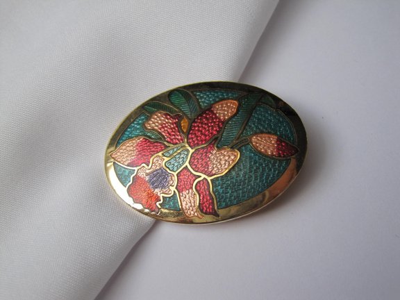 Broche goudkleurig cloisonne emaille met orchidee bloem afbeelding 4.1x3.0 cm. - Afbeelding 7