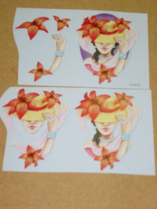 Kaart nr. 8 --- 3D SET voor WENSKAART --- VROUW met een MOOIE HOED VOL BLOEMEN - Afbeelding 2