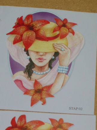 Kaart nr. 8 --- 3D SET voor WENSKAART --- VROUW met een MOOIE HOED VOL BLOEMEN - Afbeelding 3
