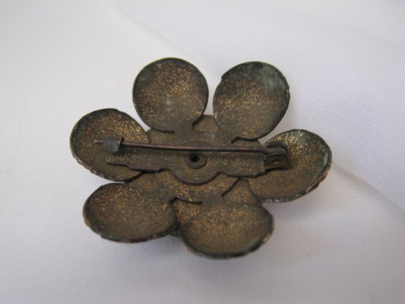 Broche koperkleurig bloem model met blauwe glas cabochon 3.9x3.9 cm. - Afbeelding 4