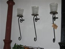 Smeedijzeren wandkrul met glas, wanddecoratie, kaarsenhouder