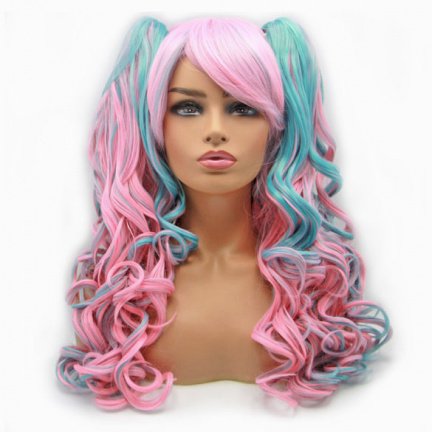 Lolita pruik zoetroze en blauw met krullen en staarten - nr. 1