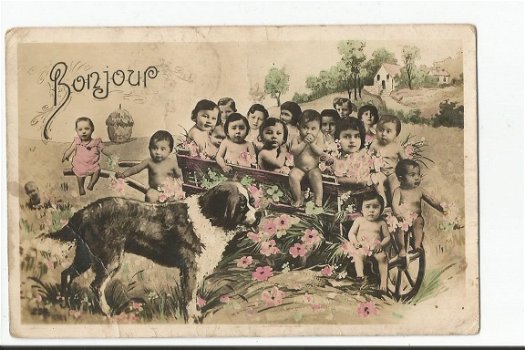 Oude kaart : baby, st Bernhard hond, multiple babies - 1