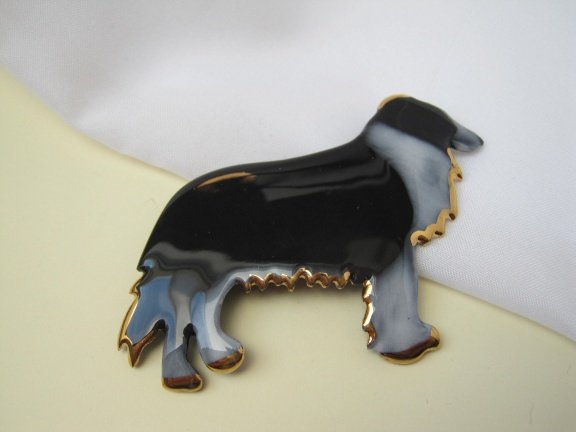 Broche porseleinen hond (collie) zwart grijs en verguld randje 6.8x4.9 cm - Afbeelding 5